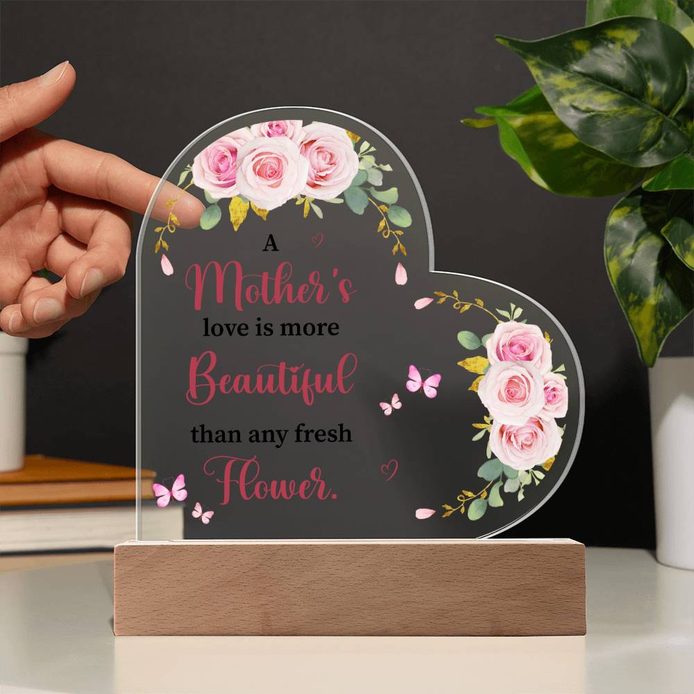 Acrylic Heart Plaque with Pink Roses and Mother's Love Message