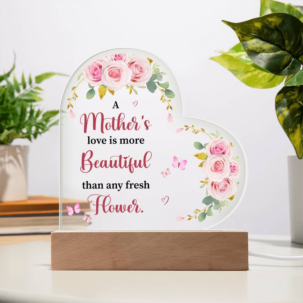 Acrylic Heart Plaque with Pink Roses and Mother's Love Message